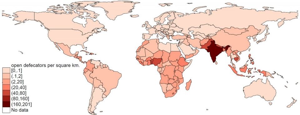 Number of people defecating in the open, per square km, 2012